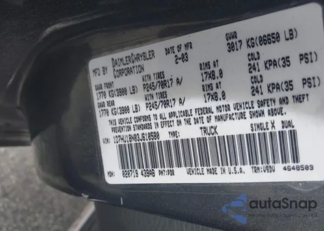 2003 Dodge Ram 1500 St/Slt from USA, damaged, VIN 1D7HU18N03J610580